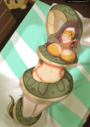 anaconda asphyxiation bikini blizzard_entertainment brown_hair cleavage coiling constriction female goggles green_eyes imminent_death jacket navel overwatch overwatch_2 restrained short_hair sillygirl snake suffocation thighhighs tracer vore x-ray zoophilia
