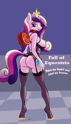 2015 alicorn anthro anthrofied ass breasts collar corset crown cutie_mark dripping eggonaught english_text equine fall_of_equestria female friendship_is_magic gold hair horn legwear looking_at_viewer looking_back mammal multicolored_hair my_little_pony nipples princess_cadance_(mlp) pussy_juice severed_horn slave solo stockings tail_wrap text wings