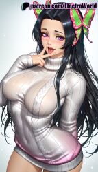 1girls 2025 ai_generated artist_name big_breasts big_chest black_hair breasts bug bust busty butterfly butterfly_hair_ornament chest cowboy_shot demon_slayer electroworld female gradient gradient_background gradient_hair grey_background hair_ornament hi_res high_quality high_resolution highres kimetsu_no_yaiba kochou_kanae large_breasts long_hair looking_at_viewer patreon patreon_username purple_eyes ribbed_sweater solo stable_diffusion sweater tongue tongue_out watermark