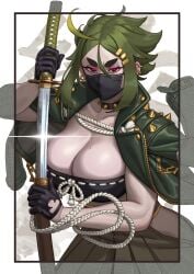 1girls ahoge big_breasts black_eyes cleavage collar earrings female female_only gloves glowing_eyes green_hair hairclip hi_res jacket katana leather_jacket midori_(rizdraws) mole mole_on_breast mouth_mask narrowed_eyes original rizdraws solo spiked_collar spiked_jacket sword thick_eyebrows very_high_resolution