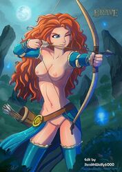 archery areolae arrow belt bow_(weapon) brave breasts casual celtic clothing copyright_name curly_hair disney disney_princess edit female female_protagonist female_pubic_hair functionally_nude ginger human merida mostly_nude nipples pale_skin pixar pussy random_roodles red_hair redhead scottish signature solo stealthwolfy6000 straight_hair text uncensored weapon wisp