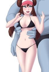 1boy 1girls bikini blue_eyes breasts brown_hair cavalier997 groping hips human interspecies machamp mini_bikini original_artwork pokemon pokemon_(species) pokephilia rosa_(pokemon) size_difference smile thighs touching_breast white_skin