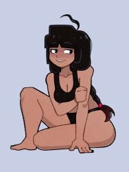 ahoge bangs bare_arms bare_legs barefoot black_bra black_clothes black_eyes black_hair black_panties black_sports_bra black_underwear blunt_bangs blush bra braid braided_ponytail breasts cleavage clothing dark-skinned_female dark_skin feet female gradient_hair high_resolution knee_up legs long_hair looking_to_the_side medium_breasts multicolored_hair pantsu parted_lips ponytail sitting smile solo sports_bra sportswear steca stequita thelazyart tied_hair underwear underwear_only
