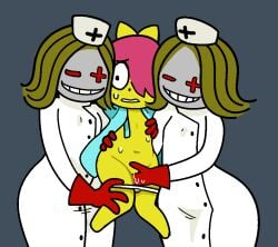 2x 3girls anthology_of_the_killer bb_(of_the_killer) female fingering holding lifting mandy_and_handy_(of_the_killer) panties panties_down pussy pussy_juice size_difference sweat tagme yellow_skin yuri