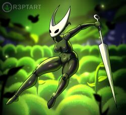 2_horns absurd_res black_body black_eyes breasts female genitals hi_res holding_melee_weapon holding_object holding_weapon hollow_knight horn hornet_(hollow_knight) jumping melee_weapon nipples nude r3ptart solo team_cherry vulva weapon