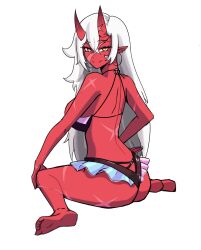 akumi ass bare_shoulders female full_body hair_between_eyes horns long_hair looking_at_viewer looking_back pointy_ears red_skin sitting skin-covered_horns soles solo vyugen white_background white_hair