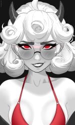 absurd_res absurdres black_and_white black_and_white_body black_eyeshadow black_lips black_lipstick bra burningaq burningaq_(artist) circle_glasses eyeshadow glasses glowing_eyes greyscale helltaker lipstick looking_at_viewer monochrome monochrome_body pandemonica_(helltaker) portrait red_bra red_clothing red_eyes smirk smirking smirking_at_viewer thick_eyebrows thick_eyelashes white_hair white_skin