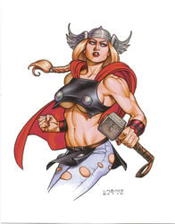 1girls 2008 armor ass athletic athletic_female beige_skin blue_eyes breasts buff cape clothes color female female_only fist genderswap_(mtf) hair hammer helmet human human_only joseph_michael_linsner lady_thor light-skinned_female light_skin long_hair marvel marvel_comics medium_breasts mjolnir muscular muscular_female open_eyes overhand_grip rule_63 solo standing straight_hair thor_(series) torn_clothes uncensored underboob weapon white_background winged_helmet