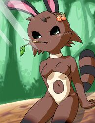 anthro anthrofied biped black_body black_ears black_fur black_markings black_pupils black_sclera black_stripes black_tail breasts brown_body brown_breasts brown_fur brown_tail dark_eyes detailed_background featureless_breasts featureless_crotch female fingers forest fur furry g-sun green_eyes looking_at_viewer markings monotone_ears multicolored_body multicolored_breasts multicolored_fur multicolored_tail multitoned_body multitoned_fur nature navel nintendo nude object_in_mouth outside plant pokemon pokemorph pupils sentret shadow sitting small_breasts solo striped_markings striped_tail stripes tail_markings tail_stripes tree two_tone_breasts two_tone_tail video_games white_body white_breasts white_fur wood