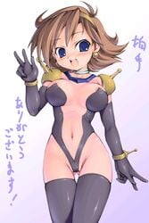 1girls bodysuit breasts brown_hair chabo_(fuketsudan) curvaceous female g_gundam gloves gundam hairband human large_breasts light-skinned_female light_skin mobile_trace_suit pilot_suit rain_mikamura short_hair solo standing tagme