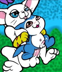 anus baby baby_digimon blue_eyes blush brown_eyes buggery chibimon color demiveemon digimon digimon_(species) fur furry furry_ears furry_tail gatomon glove interspecies male male_only multiple_males open_eyes paw penis pointy_ears tail testicles yaoi