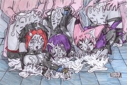 3boys 3girls argent_(dc) dc_comics female happy-k jinx_(dc) male multiple_boys multiple_girls partial_male purple_hair rachel_roth raven_(dc) smooth_skin teen_titans toni_monetti