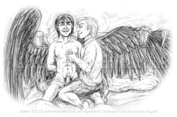 2boys anthony_j_crowley arms_behind arms_behind_back aziraphale bathing black_hair black_wings clothed clothing crowley dark_hair erect erect_penis erection eyes_closed feathered_wings gay good_omens kneeling light_hair male male/male male_focus male_only melanthe on_bed on_knees penis penis_out quantum_witch vulgarweed washing white_hair wings yaoi