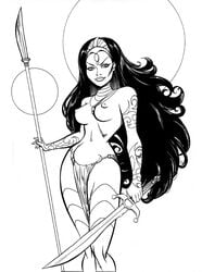 1girls a_princess_of_mars barsoom black_and_white breasts bruce_timm dejah_thoris john_carter_of_mars loincloth nipples pelvic_curtain solo sword topless