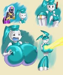 2girls alternate_breast_size anthro breast_expansion breasts busty cleavage crossover duck_dodgers female female_only hyper_breasts jenny_wakeman lasers multiple_girls my_life_as_a_teenage_robot nipple_bulge queen_tyr'ahnee robot smooth_skin teenager voluptuous xj-9 zahkey