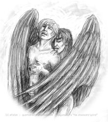 2boys anthony_j_crowley aziraphale behind behind_another black_hair black_wings crowley dark_hair dark_wings eyes_closed feathered_wings gay gay_sex good_omens licking light_hair male male/male male_focus male_only male_penetrated male_penetrating male_penetrating_male melanthe quantum_witch vulgarweed white_hair wings yaoi