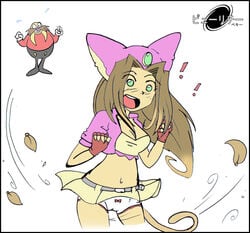 ! 1boy 1girls animal_ears auntymoira belt brown_hair cameltoe cat_ears cat_tail catgirl dr._eggman female green_eyes leaves male navel open_mouth panties purity seira_(sonic) skirt sonic_(series) straight_hair white_background wind