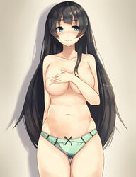 agano_(kantai_collection) belly black_hair blue_eyes blush breasts collarbone covering covering_breasts female green_panties highres kantai_collection large_breasts long_hair looking_away navel panties plan039 solo tears thigh_gap topless underwear underwear_only