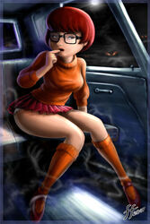 14-bis 1girls 2007 bob_cut brown_hair car car_interior clothed eyes glowing_eyes hanna-barbera kneehighs lowres mary_janes mouth_open scooby-doo short_hair tagme turtleneck vapor velma_dinkley very_short_skirt