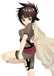 armor ass breasts brown_eyes brown_hair female fishnet_bodysuit fishnets forehead_protector headband inuburo jacket jacket_over_shoulder jewelry leg_lift mitarashi_anko naruto necklace ninja nipples sandals smile solo straight_hair