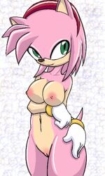 amy_rose black_nose bracelet breasts color exposed_breasts exposed_torso female female_only footwear furry furry_only glove green_eyes hair handwear handwear_and_footwear_only hedgehog open_eyes pink_fur pink_hair pointy_ears pussy sega solo sonic_(series) vulva