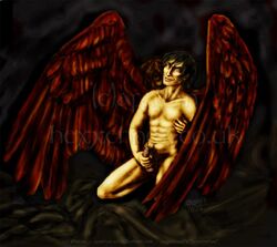 1boy 1male angel_wings anthony_j_crowley aziraphale black_hair crowley dark_hair erect erection erection_under_clothes feathered_wings good_omens holding_penis kneeling male male_focus male_only melanthe penis quantum_witch red_wings solo solo_focus solo_male vulgarweed wings