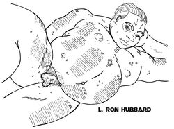 1boy chanology erect_nipples fat_man flaccid l_ron_hubbard on_side partially_retracted_foreskin pimple scientology small_penis tagme tattoos uncut