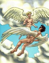 2boys angel angel_wings anthony_j_crowley artist_request aziraphale black_hair blonde_hair dark_hair feathered_wings flying gay glasses good_omens male male/male male_focus male_only tagme white_wings wings