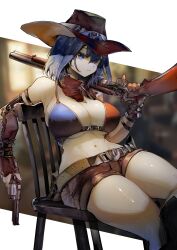 armpits chair cleavage cowboy cowboy_hat exposed_midriff gun hololive hololive_english hololive_english_-council- hololive_english_-promise- navel ouro_kronii revolver shorts sitting sitting_on_chair solo_female thighs virtual_youtuber vyragami