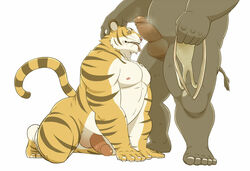 all_fours anthro balls erection eto1212 feline fur furry furry_only gay jockstrap male male_only master muscles nipples no_humans paws penis pet rhinoceros tiger uncut underwear