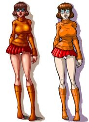 1girls artist_request bob_cut brown_hair freckles freckles_on_face glasses hanna-barbera hole_in_sock kneehighs large_breasts lowres panties_visible scooby-doo short_hair short_skirt tagme turtleneck variant velma_dinkley white_background