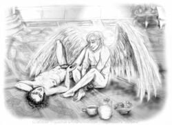 2boys angel angel_wings anthony_j_crowley aziraphale black_hair crossed_legs crowley dark_hair feathered_wings gay good_omens laying laying_down laying_on_back laying_on_floor laying_on_ground light_hair male male/male male_focus male_only melanthe naked penile penis quantum_witch sitting vulgarweed white_hair white_wings wings