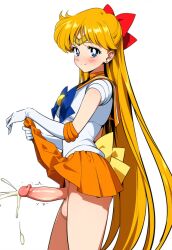 1futa ai_generated balls bishoujo_senshi_sailor_moon blonde_hair blue_eyes blush bow clothed clothing cum cumshot dickgirl ejaculating_cum ejaculation english_text erect_penis erection futa_only futanari intersex kame_g large_penis long_hair long_penis minako_aino penis sailor_venus scrotum skirt skirt_lift small_breasts solo_futa testicles text uncensored veiny_penis