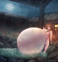 apple artist_name completely_nude cute_fang gigantic_belly holding_apple holo hot_spring huge_breasts hyper_pregnancy inflation logo onsen partially_submerged pregnant smile spice_and_wolf stygianrook