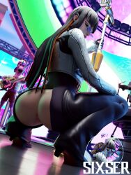 3d 3d_(artwork) anus anus_peek ass big_ass butt_focus concert countess_daraku_(fortnite) fortnite fortnite:_battle_royale fortnite:_festival on_stage public public_nudity purple-tinted_eyewear ripped_clothing ripped_pants sixser sunglasses tinted_eyewear