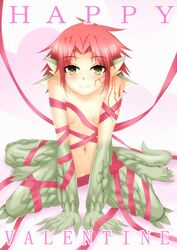 2015 blush breasts dragon dragon-kin english_text female granberia green_scales hair kneeling looking_at_viewer navel nipples nude pussy red_hair ribbons small_breasts solo tau_1111 text yellow_eyes