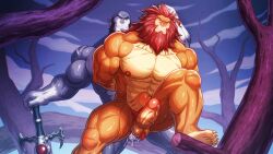 2boys anal anal_sex animal_genitalia animal_penis balls bara barazoku boner erection gay hands_behind_head king_claudus male male_only muscles muscular muscular_male nude overly_muscular panthro penis scars sex spread_legs stomach_bulge sweat sweating thundercats thundercats_2011 zelo-lee