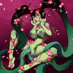 barefoot big_breasts blush boggart breasts consensual_tentacles double_penetration drooling fangs feet female flower footwear gradient_hair green_eyes green_hair green_skin hair_sex large_breasts long_hair navel ninjakitty nipples open_mouth plant plant_girl pointy_ears portia pussy pussy_juice saliva sharp_teeth sitting spread_legs tentacle tied_hair toes tongue tongue_out twintails vaginal_insertion very_long_hair wink