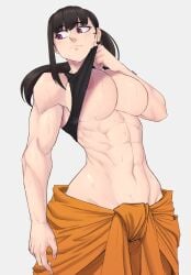 1girls abs areola_slip barely_visible_nipples black_hair braless en&#039;en_no_shouboutai enen_no_shouboutai fire_force hi_res huge_breasts lifting_shirt limn044 muscular muscular_female orange_jumpsuit oze_maki ponytail purple_eyes signature simple_background six_pack sweating sweaty_body tied_hair underboob