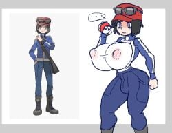 1boy 1futa 2020 black_hair blue_eyes breasts bulge busty_boy calem_(pokemon) clothed clothing erect_nipples_under_clothes flaccid fully_clothed futa_only futanari futanari_transformation huge_breasts human lewdicrousart light_skin male_to_futa nervous nipple_bulge pokemon pokemon_xy rule_63 solo standing thick_thighs transformation wide_hips