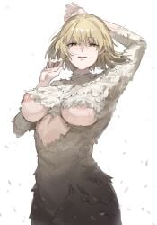 1girls arms_up big_breasts blonde_hair breasts dungeon_meshi falin_touden falin_touden_(chimera) feathers female female_focus female_only hips huge_breasts looking_at_viewer nipple_peek nipples peeking_nipple pink_nipples puffy_nipples short_hair simple_background solo solo_female solo_focus underboob uuuron_cha white_background yellow_eyes