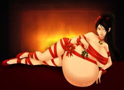 1girls belly big_belly big_breasts black_hair bondage breasts christmas disproportional female huge_breasts hyper_belly hyper_pregnancy mistletoe momiji_(ninja_gaiden) ninja_gaiden pregnant saburox solo wrapped_up