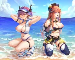 2girls arknights bagpipe_(arknights) bagpipe_(queen_no._1)_(arknights) beach bound horns rayless sideroca_(arknights) sideroca_(light_breeze)_(arknights)