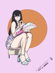 1girls artist_signature black_hair blue_eyes box_of_donuts donut dress eating high_heels ironsiderodger kill_la_kill kiryuuin_satsuki legs light-skinned_female light_skin open_toe_shoes sitting thighs