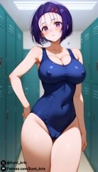 ai_generated blush cleavage covered_nipples covered_pussy gumi_arts large_breasts locker_room purple_eyes purple_hair sairenji_haruna school_swimsuit short_hair smile stable_diffusion standing thick_thighs to_love-ru to_love-ru_darkness to_love-ru_darkness_2nd