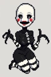 :d ai_generated animatronic animatronic_girl black_eyes black_skin breasts buttons five_nights_at_freddy's five_nights_at_freddy's_2 haunted kneeling looking_at_viewer marionette marionette_(fnaf) mask masked masked_female no_hair on_knees pixai pixel pixel_art possessed puppet puppet_(fnaf) red_cheeks red_lips robot robot_girl shrug shrugging simple_background slim_waist spooky striped_arms striped_legs thick_thighs three_fingers ultimate_custom_night white_pupils