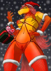 2011 anthro breasts brown_hair christmas clothing equine female fishnet hair hat holidays lingerie mammal nipples nyonyo pose pubes pussy santa_hat solo