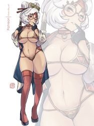 belly_button bikini blush breasts chascoby choker chopsticks_in_hair cleavage fuck_me_eyes glasses gloves hair_bun horny labcoat large_breasts lips navel purah purah_(tears_of_the_kingdom) recorder_(musical_instrument) red_eyes seductive_look tears_of_the_kingdom the_legend_of_zelda thighhighs white_hair