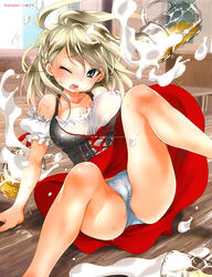 alcohol beer blonde_hair blue_eyes blush braid breasts bubbles cleavage female hiten_(hitenkei) large_breasts looking_at_viewer one_eye_closed open_mouth panties see-through shiny_skin solo sweat wardrobe_malfunction wet wince wood