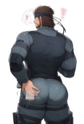 1boy ai ai_generated big_ass big_butt brown_hair bubble_butt disembodied_hand exclamation_mark exclamation_point male male_only metal_gear_solid muushya solid_snake solo solo_male